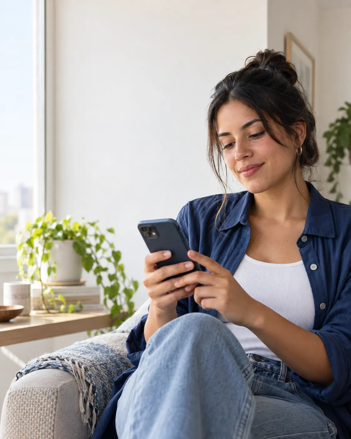Mujer consultando una remesa desde su teléfono